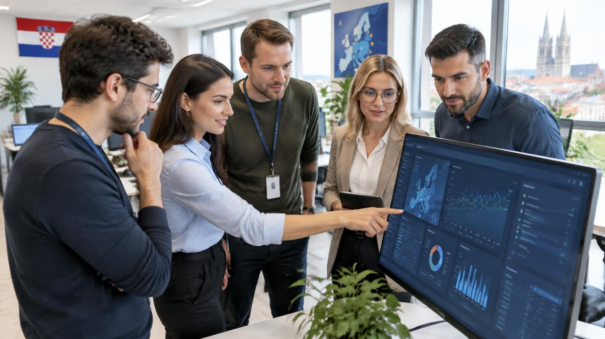 Team of insurance software professionals discussing a project on a screen in a modern office